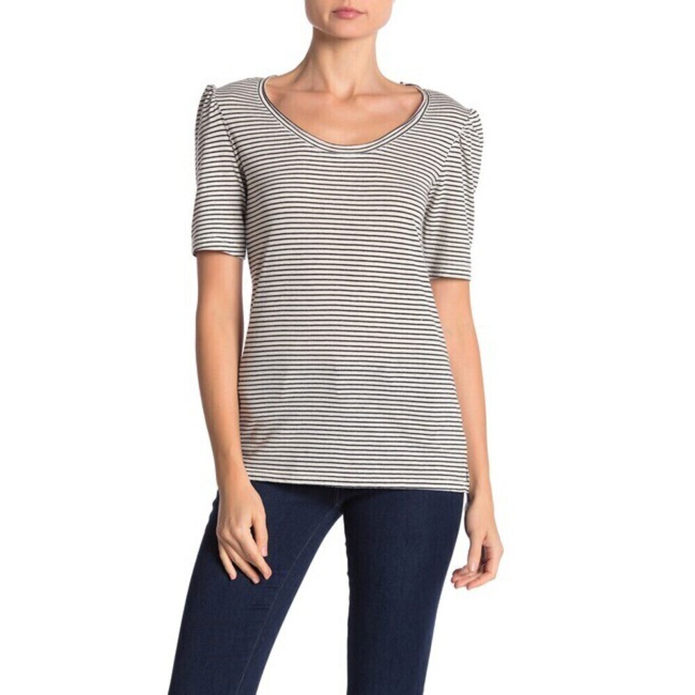 Caslon Melinda Striped Puff Sleeve Tee T-Shirt Ivory Black Stripe Size L